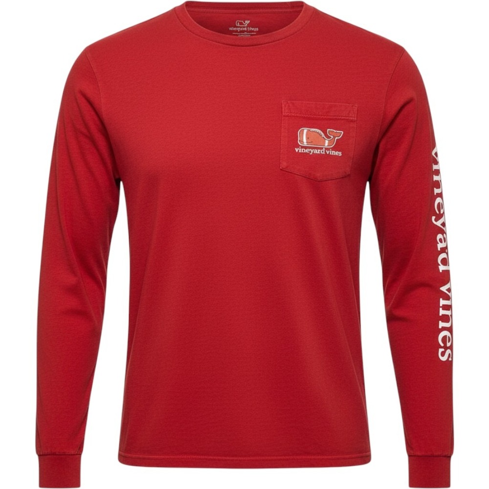Vineyard Vines T-Shirt Mens Small Red Cotton Football Whale Long Sleeve Preppy